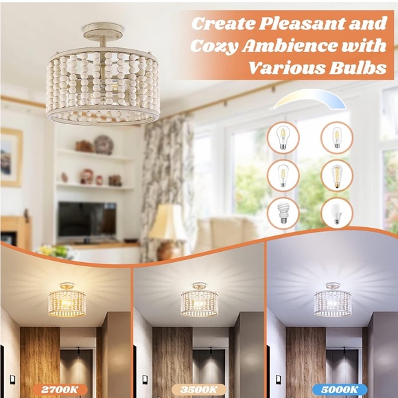 Wood Beaded Chandelier - Farmhouse Boho Light Fixture  Bohemian Rustic Cream Beaded Ceiling Light Fixture.